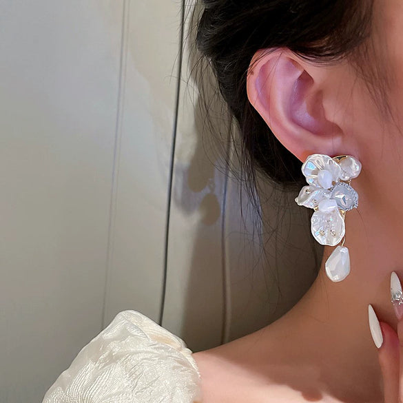 Silver Needle Earrings With Diamond Inlaid Imitation Pearl Petals And Tassel Geometric Shape High End And Versatile Design