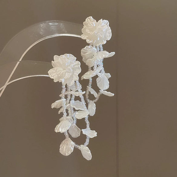 Silver Needle Earrings With Diamond Inlaid Imitation Pearl Petals And Tassel Geometric Shape High End And Versatile Design