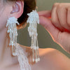 Silver Needle Earrings With Diamond Inlaid Imitation Pearl Petals And Tassel Geometric Shape High End And Versatile Design