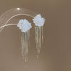 Silver Needle Earrings With Diamond Inlaid Imitation Pearl Petals And Tassel Geometric Shape High End And Versatile Design