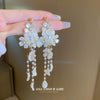 Silver Needle Earrings With Diamond Inlaid Imitation Pearl Petals And Tassel Geometric Shape High End And Versatile Design