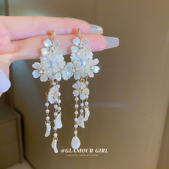 Silver Needle Earrings With Diamond Inlaid Imitation Pearl Petals And Tassel Geometric Shape High End And Versatile Design