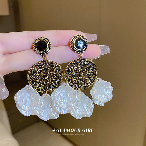 Silver Needle Earrings With Diamond Inlaid Imitation Pearl Petals And Tassel Geometric Shape High End And Versatile Design
