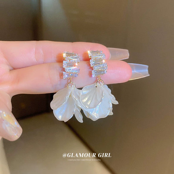 Silver Needle Earrings With Diamond Inlaid Imitation Pearl Petals And Tassel Geometric Shape High End And Versatile Design