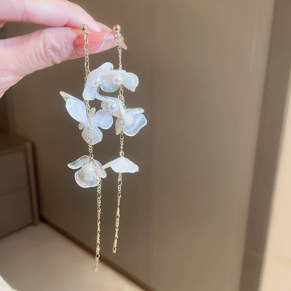 Silver Needle Earrings With Diamond Inlaid Imitation Pearl Petals And Tassel Geometric Shape High End And Versatile Design