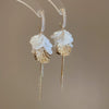 Silver Needle Earrings With Diamond Inlaid Imitation Pearl Petals And Tassel Geometric Shape High End And Versatile Design