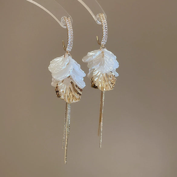 Silver Needle Earrings With Diamond Inlaid Imitation Pearl Petals And Tassel Geometric Shape High End And Versatile Design