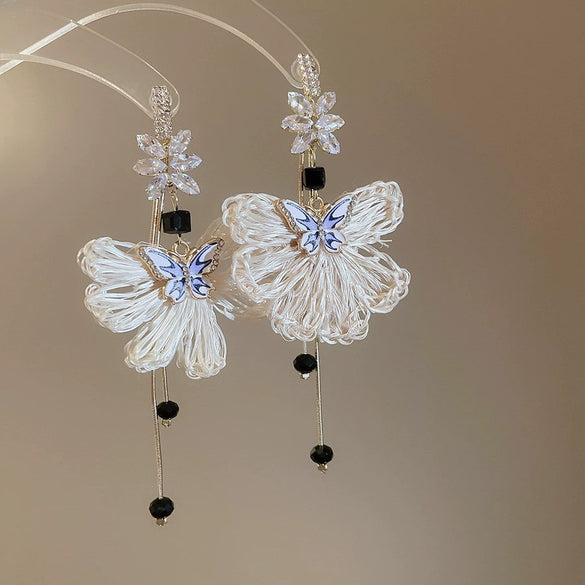 Silver Needle Earrings With Diamond Inlaid Imitation Pearl Petals And Tassel Geometric Shape High End And Versatile Design