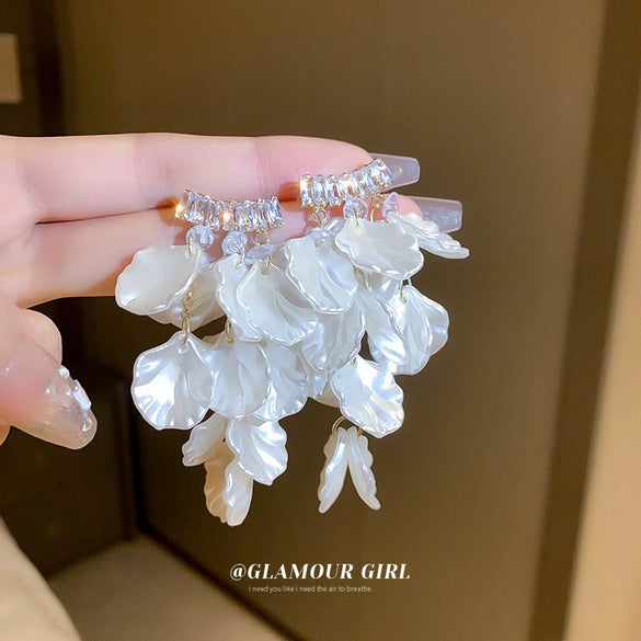 Silver Needle Earrings With Diamond Inlaid Imitation Pearl Petals And Tassel Geometric Shape High End And Versatile Design