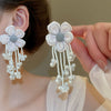Silver Needle Earrings With Diamond Inlaid Imitation Pearl Petals And Tassel Geometric Shape High End And Versatile Design