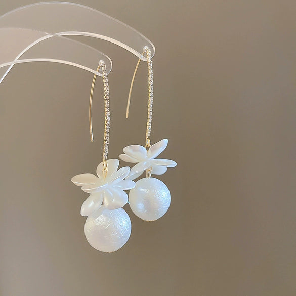 Silver Needle Earrings With Diamond Inlaid Imitation Pearl Petals And Tassel Geometric Shape High End And Versatile Design