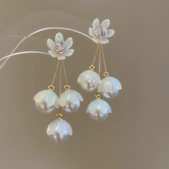 Silver Needle Earrings With Diamond Inlaid Imitation Pearl Petals And Tassel Geometric Shape High End And Versatile Design