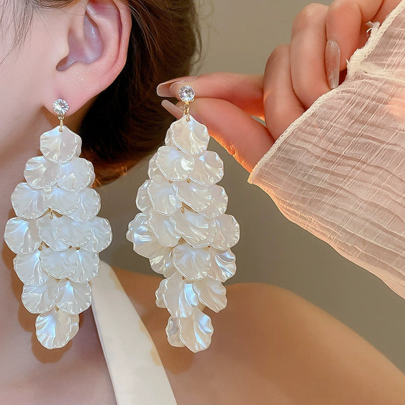 Silver Needle Earrings With Diamond Inlaid Imitation Pearl Petals And Tassel Geometric Shape High End And Versatile Design