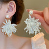 Silver Needle Earrings With Diamond Inlaid Imitation Pearl Petals And Tassel Geometric Shape High End And Versatile Design