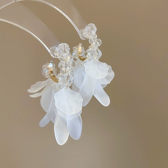 Silver Needle Earrings With Diamond Inlaid Imitation Pearl Petals And Tassel Geometric Shape High End And Versatile Design