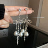 Silver Needle Earrings With Diamond Inlaid Imitation Pearl Petals And Tassel Geometric Shape High End And Versatile Design