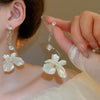 Silver Needle Earrings With Diamond Inlaid Imitation Pearl Petals And Tassel Geometric Shape High End And Versatile Design
