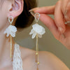 Silver Needle Earrings With Diamond Inlaid Imitation Pearl Petals And Tassel Geometric Shape High End And Versatile Design