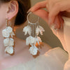 Silver Needle Earrings With Diamond Inlaid Imitation Pearl Petals And Tassel Geometric Shape High End And Versatile Design