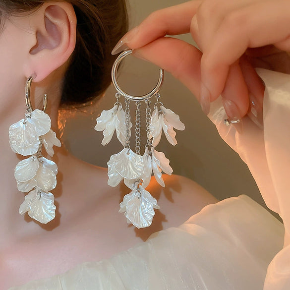 Silver Needle Earrings With Diamond Inlaid Imitation Pearl Petals And Tassel Geometric Shape High End And Versatile Design
