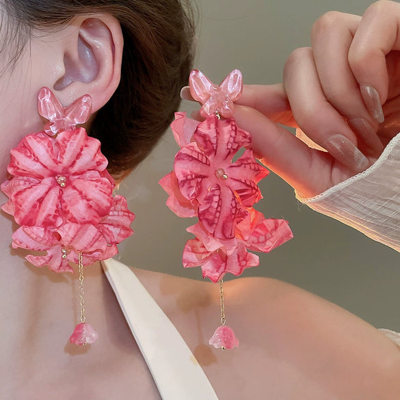 Silver Needle Fabric Flower Tassel Imitation Pearl Handmade Geometric Women's Earrings