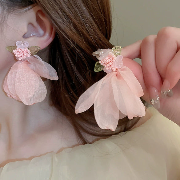 Silver Needle Fabric Flower Tassel Imitation Pearl Handmade Geometric Women's Earrings