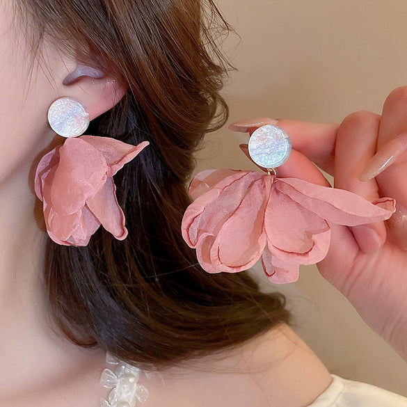 Silver Needle Fabric Flower Tassel Imitation Pearl Handmade Geometric Women's Earrings