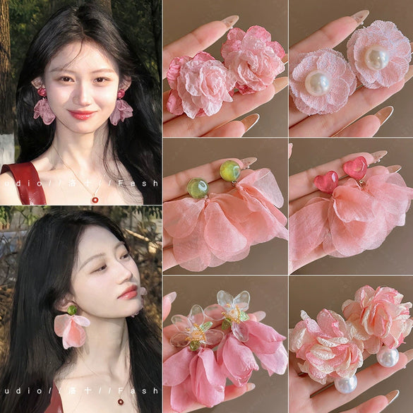 Silver Needle Fabric Flower Tassel Imitation Pearl Handmade Geometric Women's Earrings