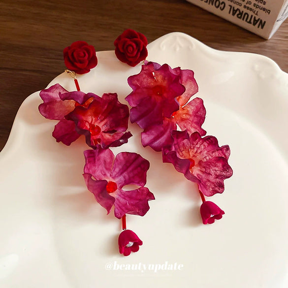 Silver Needle Fabric Rose Imitation Pearl Handmade Retro Exaggerated Elegant Ear Studs For Women