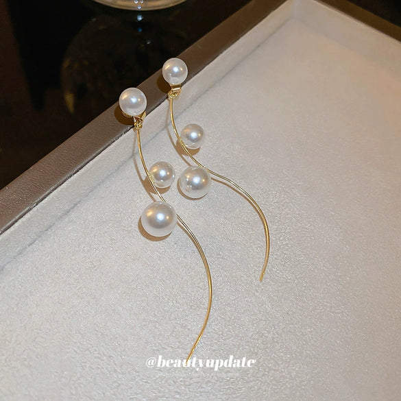 Silver Needle French Pearl Tassel Metal Earrings With Geometric Pattern And Pearl Inlaid For Women