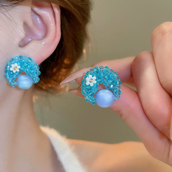 Silver Needle Glass Crystal Flower Earrings In Fresh Style With Electroplating For Women