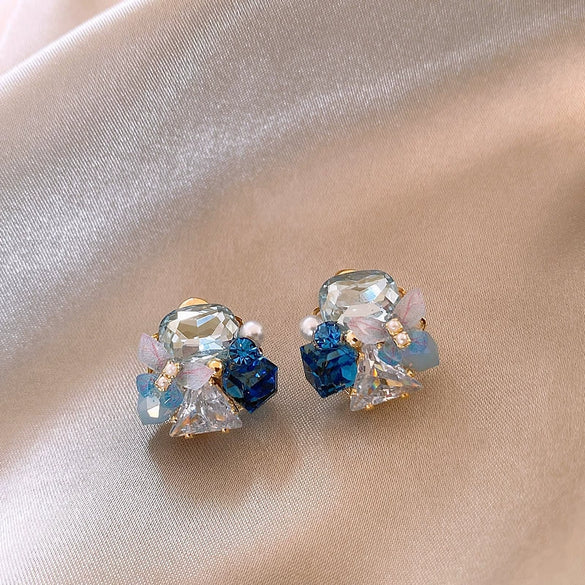 Silver Needle Glass Crystal Flower Earrings In Fresh Style With Electroplating For Women