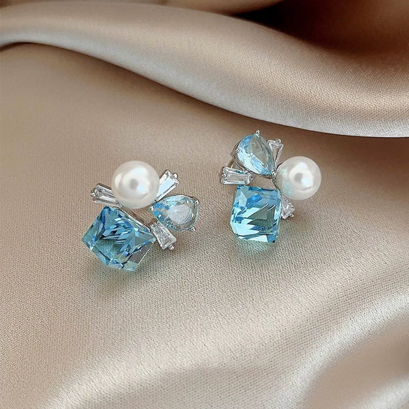 Silver Needle Glass Crystal Flower Earrings In Fresh Style With Electroplating For Women