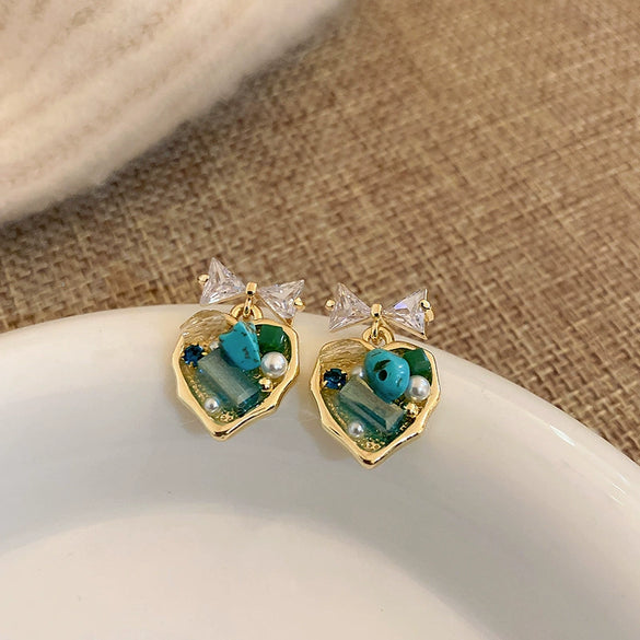 Silver Needle Imitation Pearl Double Loop Heart Shape Inlaid Love Earrings For Women Light Luxury Niche All Match Elegant High End Earrings