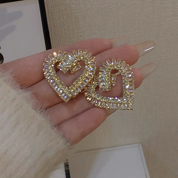 Silver Needle Imitation Pearl Double Loop Heart Shape Inlaid Love Earrings For Women Light Luxury Niche All Match Elegant High End Earrings