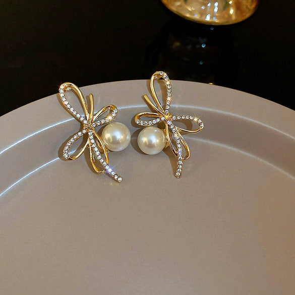 Silver Needle Imitation Pearl Double Loop Heart Shape Inlaid Love Earrings For Women Light Luxury Niche All Match Elegant High End Earrings