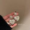 Silver Needle Imitation Pearl Double Loop Heart Shape Inlaid Love Earrings For Women Light Luxury Niche All Match Elegant High End Earrings