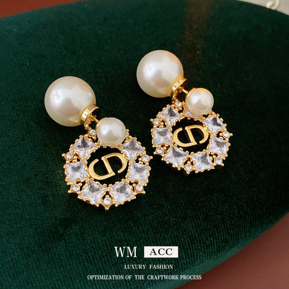 Silver Needle Imitation Pearl Earrings With Letter Shape Gold Electroplated And Zirconia Design For Women