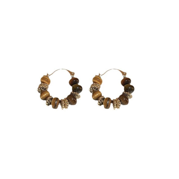 Silver Needle Inlaid With Diamonds And Pearls Artificial Tiger Eye Stone Retro Elegant Geometric Earrings Pearl Inlaid