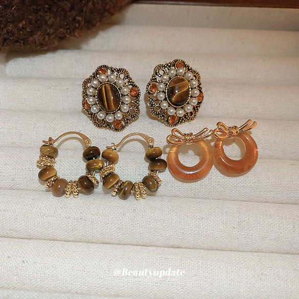 Silver Needle Inlaid With Diamonds And Pearls Artificial Tiger Eye Stone Retro Elegant Geometric Earrings Pearl Inlaid