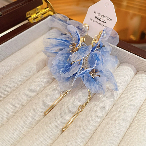 Silver Needle Mesh Flower Fabric Handmade Tassel Earrings For Women With Flower Shape And Design