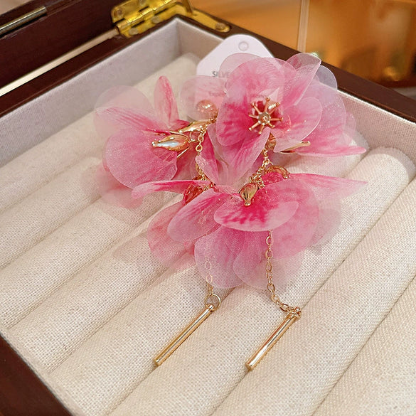 Silver Needle Mesh Flower Fabric Handmade Tassel Earrings For Women With Flower Shape And Design