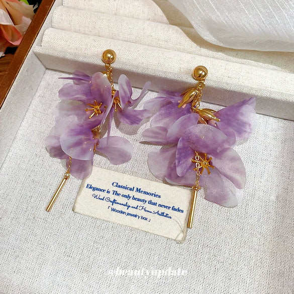 Silver Needle Mesh Flower Fabric Handmade Tassel Earrings For Women With Flower Shape And Design