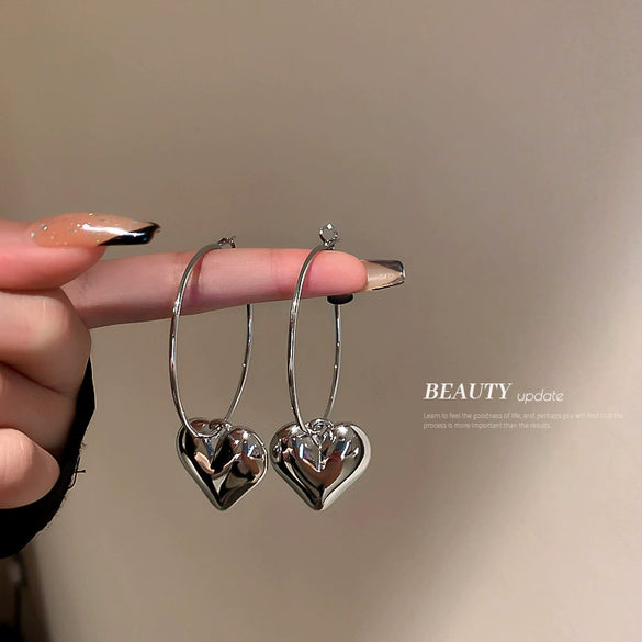 Silver Needle Metal Heart Plain Hoop Earrings Elegant Cold Style Electroplated For Women