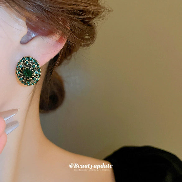 Silver Needle Oval Geometric Alloy Earrings With Emerald Diamond For Women Retro Light Luxury Elegant Style