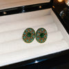 Silver Needle Oval Geometric Alloy Earrings With Emerald Diamond For Women Retro Light Luxury Elegant Style