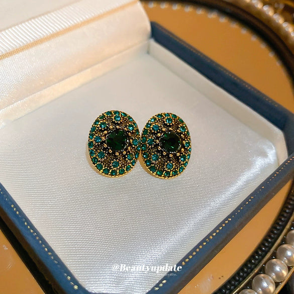 Silver Needle Oval Geometric Alloy Earrings With Emerald Diamond For Women Retro Light Luxury Elegant Style