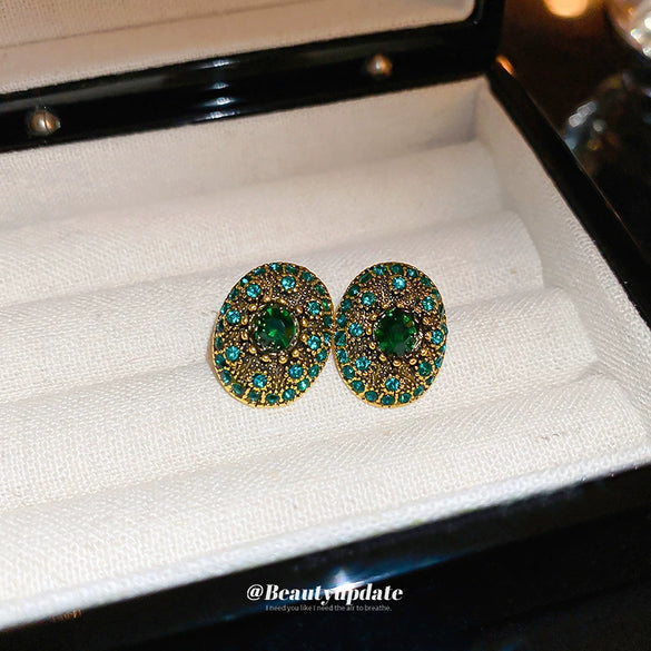 Silver Needle Oval Geometric Alloy Earrings With Emerald Diamond For Women Retro Light Luxury Elegant Style