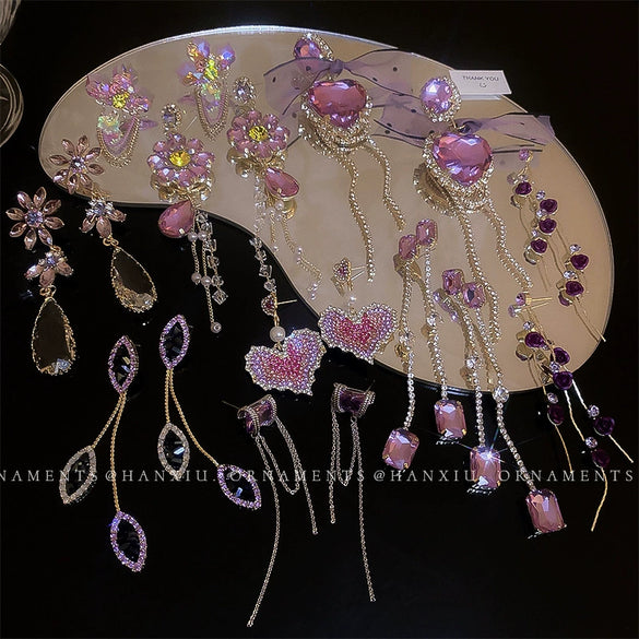 Silver Needle Purple Diamond Flower Women's Exaggerated Long Tassel Earrings Alloy Geometric Inlaid Crystal