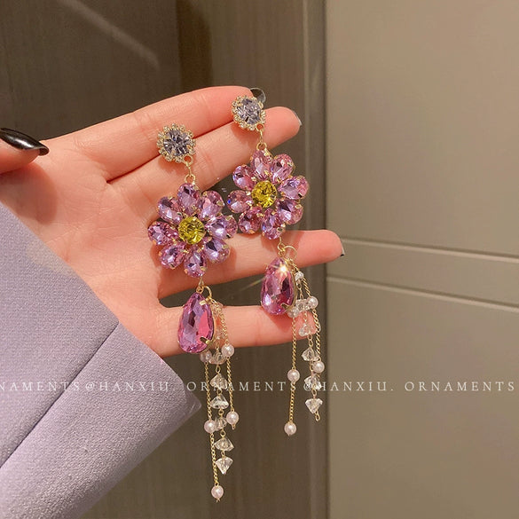 Silver Needle Purple Diamond Flower Women's Exaggerated Long Tassel Earrings Alloy Geometric Inlaid Crystal